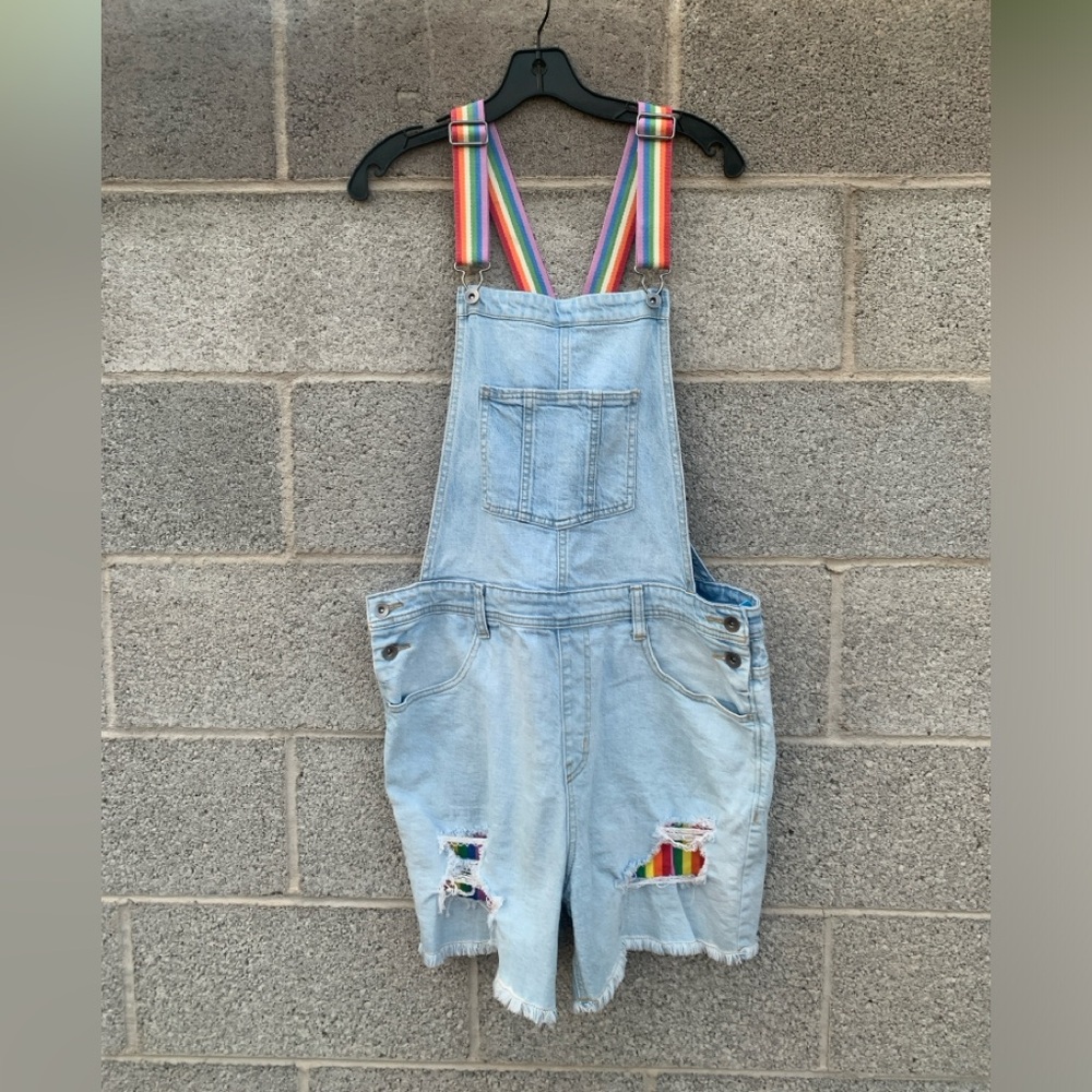 Pride Shortalls Target Denim Rainbow Stripes Light Wash Raw Hem Adult Medium - Picture 1 of 11